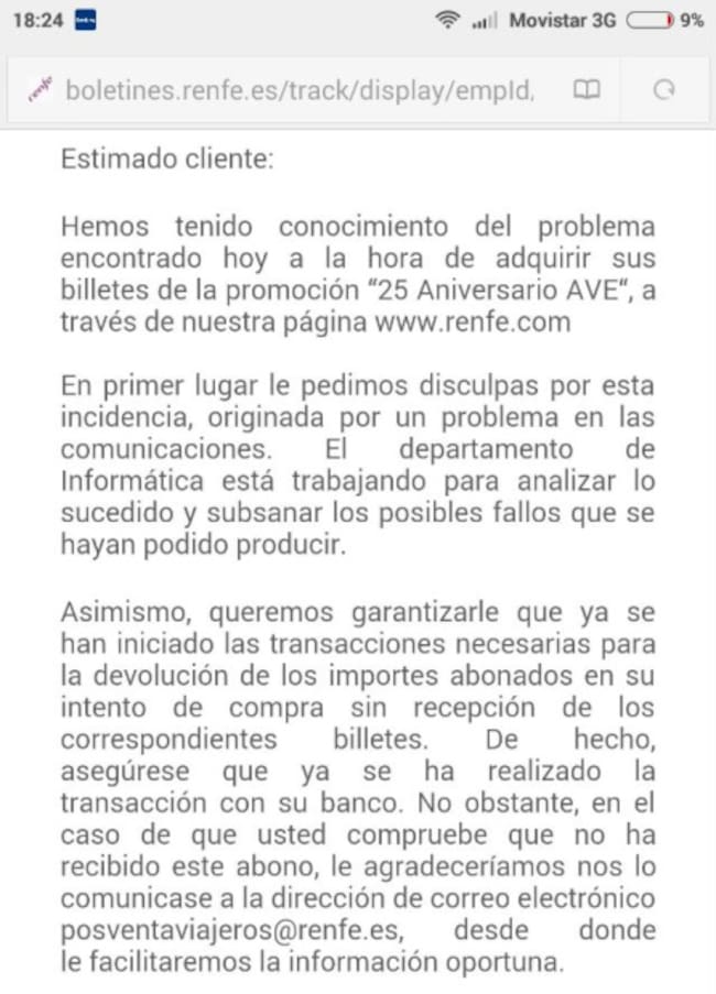 Ejemplo del correo que Renfe está enviando a los usuarios afectados.