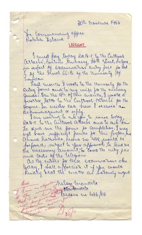 Carta de Nelson Mandela recogida en el libro "Cartas desde la presión". Editorial Malpaso