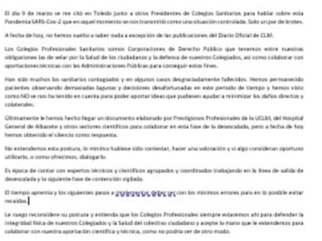 Carta dirigida al consejero de Sanidad