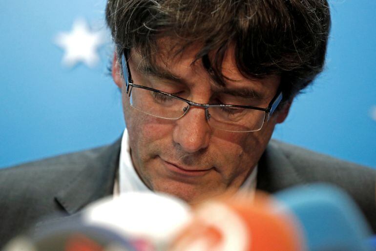 El expresident catalán, Carles Puigdemont, durante su comparecencia en Bruselas