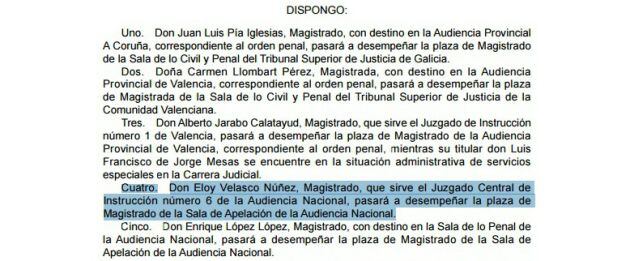 Decreto del BOE que refleja el nombramiento de Velasco