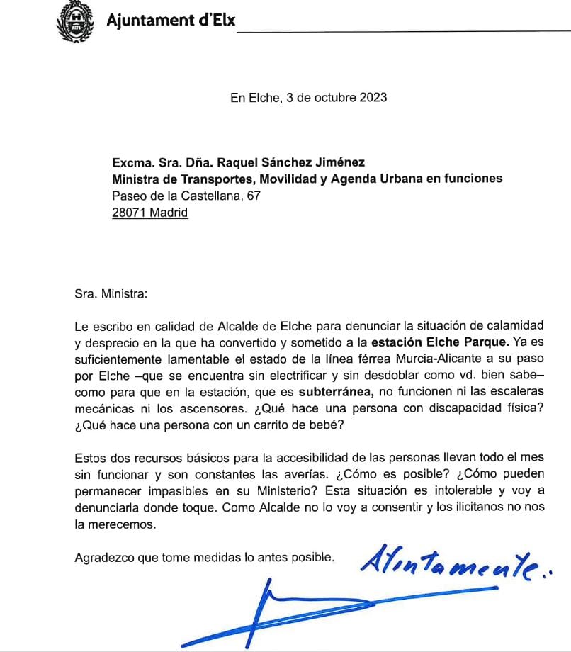 Carta remitida por el Ayuntamiento de Elche a la Ministra de Transportes