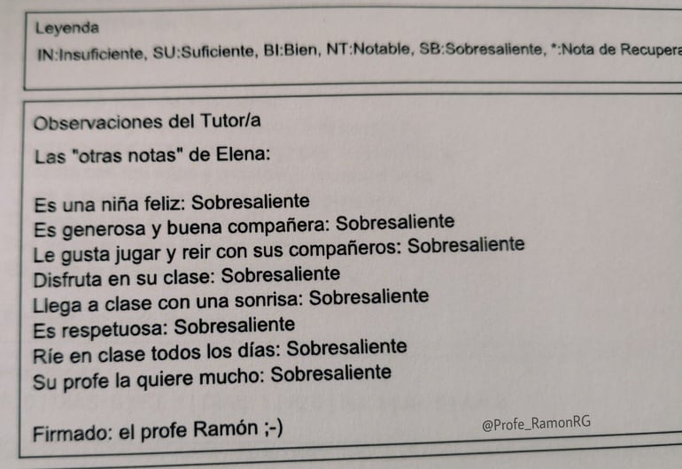 Captura de las notas de Elena, una de las alumnas de Ramón Rodríguez