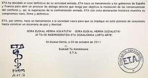 La organización terrorista ETA ha anunciado que &quot;ha decidido el cese definitivo de su actividad armada&quot;