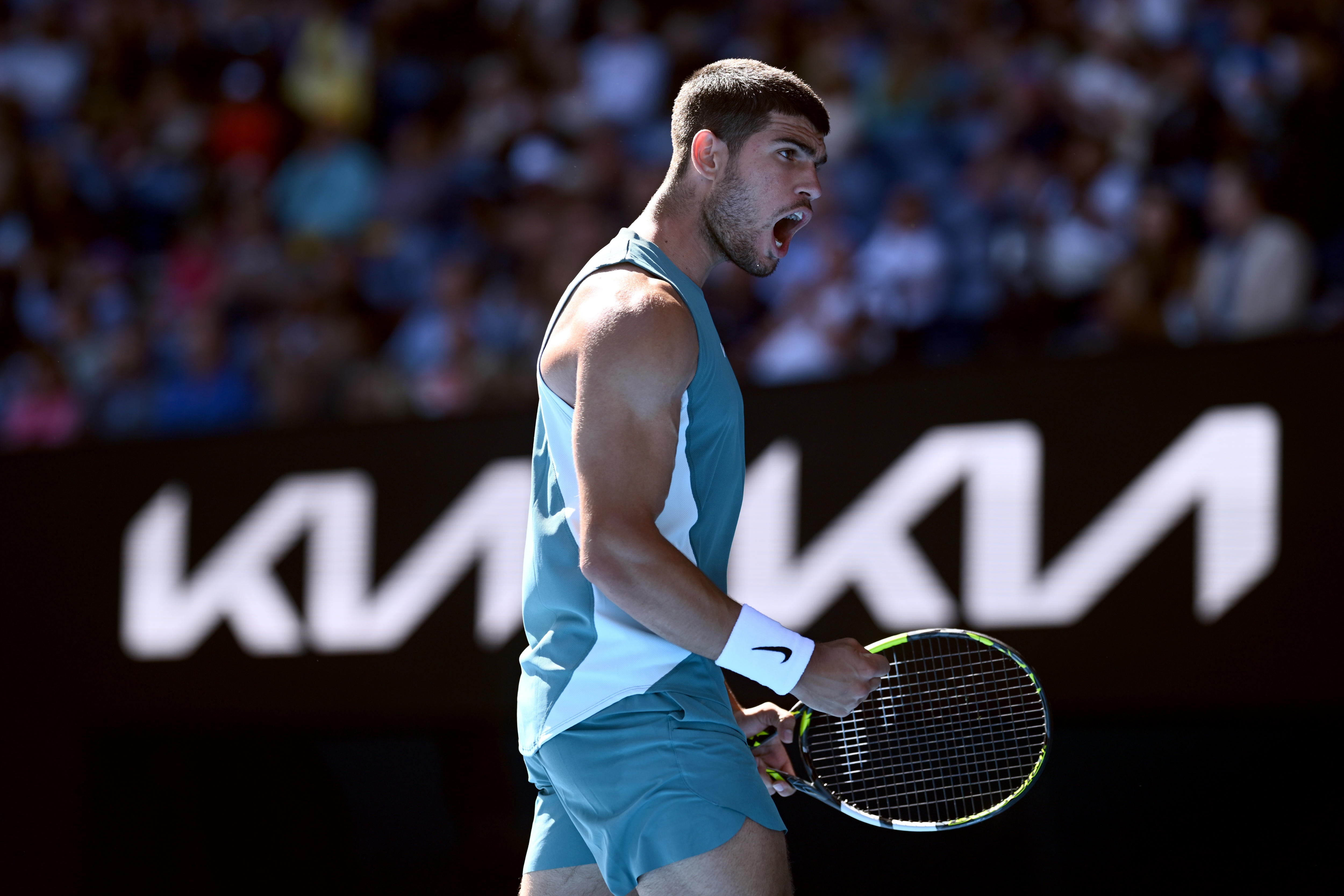 Melbourne (Australia), 17/01/2025.- Carlos Alcaraz of Spain reacts during a round 3 match against Nuno Borges of Portugal for the Australian Open at Melbourne Park in Melbourne, Australia, 17 January 2025. (Tenis, España) EFE/EPA/JOEL CARRETT AUSTRALIA AND NEW ZEALAND OUT
