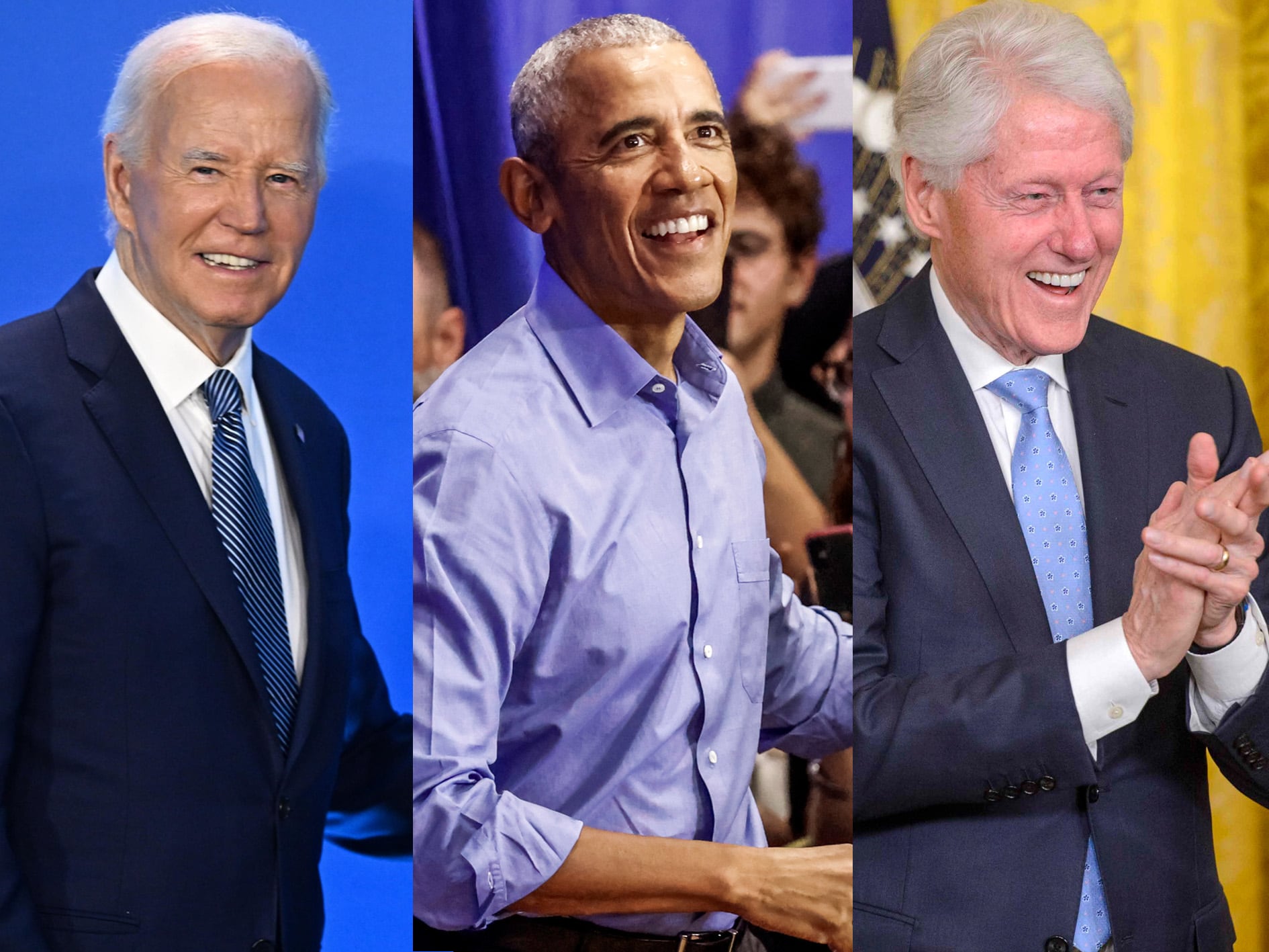 Combo de fotografías de izquierda a derecha el presidente de EE. UU., Joe Biden y los expresidentes Barack Obama y Bill Clinton