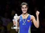 NANJING, CHINA - AUGUST 05: Carolina Marin of Spain poses with her medal on the podium after defeating P.V. Sindhu of India in the women&#039;s singles final on day 7 of Total BWF World Championships at Nanjing Youth Olympic Games Sport Park on August 5, 2018 in Nanjing, China. (Photo by Lintao Zhang/Getty Images)