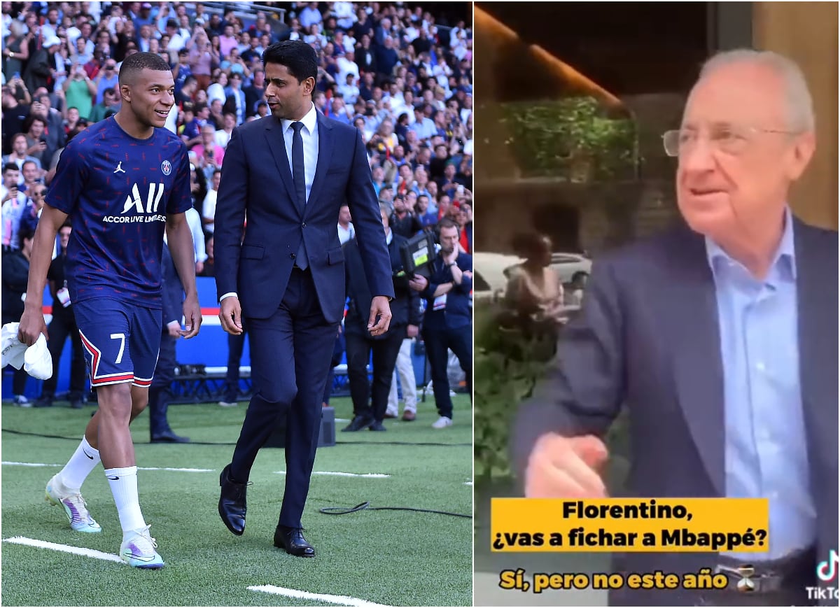 En la parte izquierda de la imagen, Mbappé y Al Khelaifi, el año pasado; en la derecha, Florentino hablando con un aficionado la pasada semana.