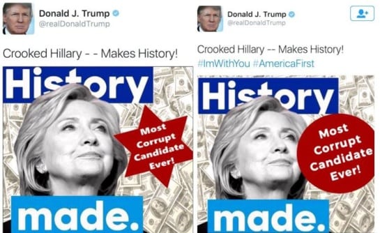 &#039;Tweet&#039; en el que Trump vinculaba a Hillary Clinton con los judíos y la corrupción política, y su rectificación posterior.