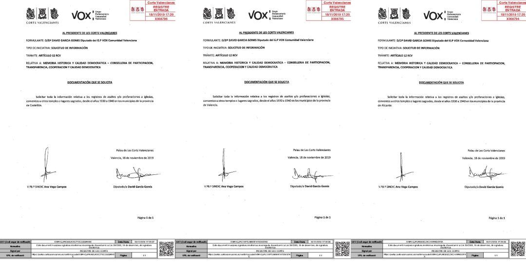 Documentos presentados por Vox pidiendo al parlamento valenciano una lista de todas las iglesias que se quemaron entre 1930 y 1940