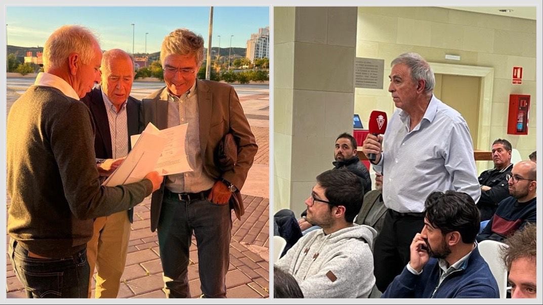 Chema Cano, Francisco García e Higinio Pérez Mateos (izquierda) y Francisco Tornel (derecha) en la Junta de Accionistas del Real Murcia en noviembre de 2022