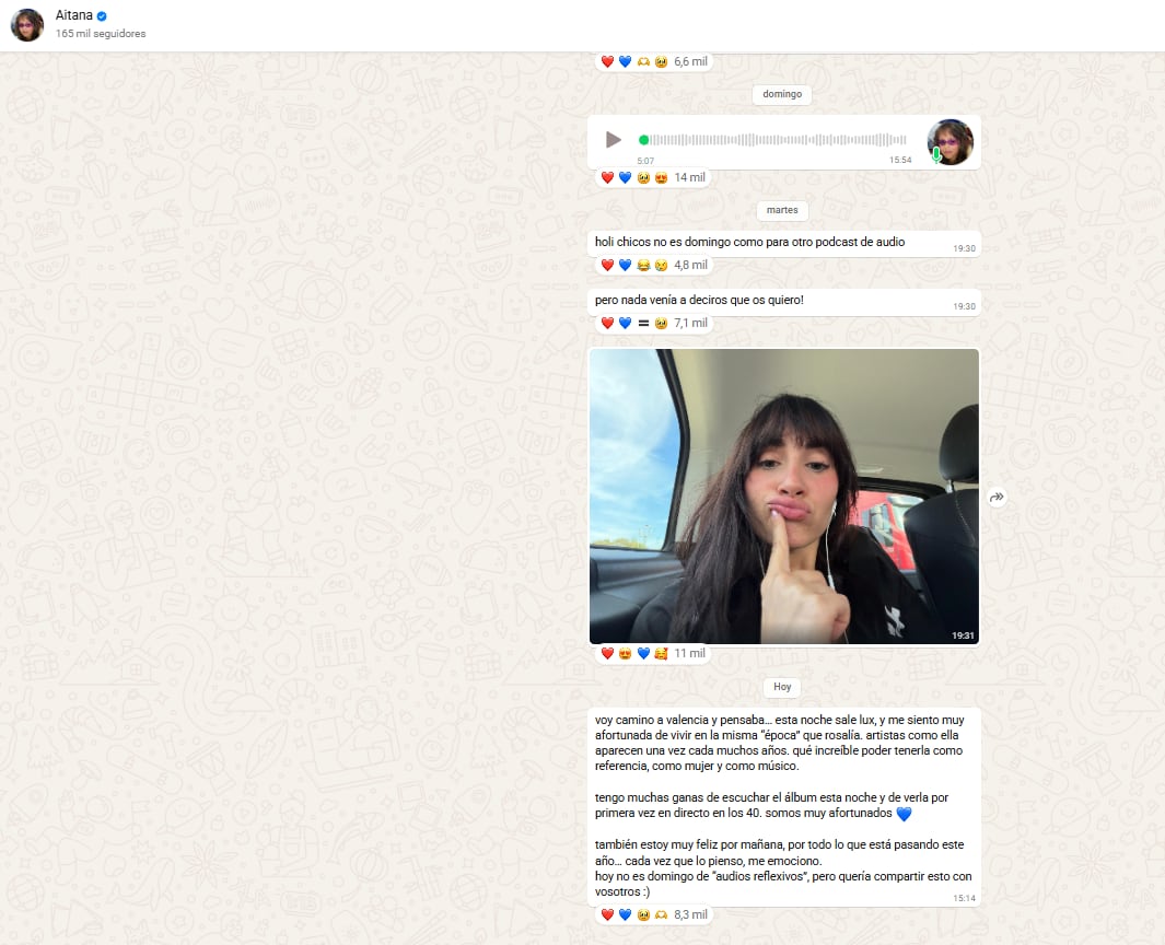 La cantante Aitana comparte en su canal de WhatsApp su admiración por Rosalía y su nuevo proyecto.