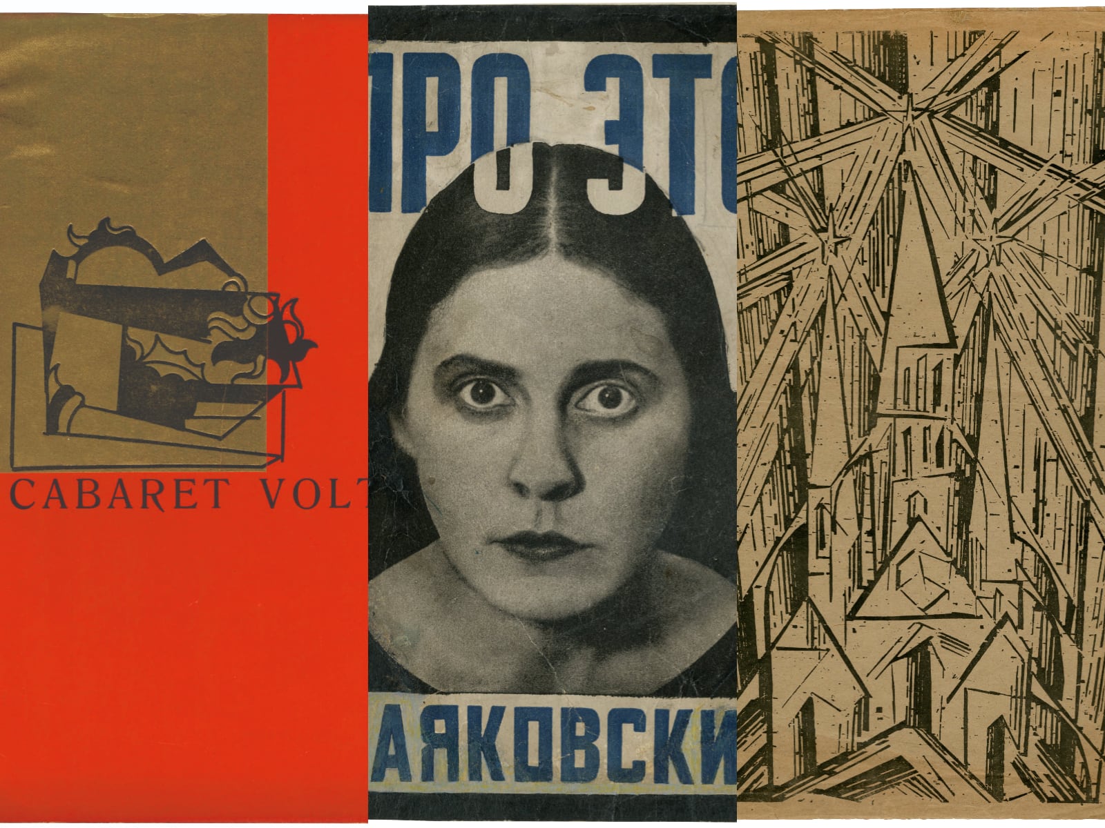 Cabaret Voltaire: recueil litté raire et artistique, Zúrich: Hugo Ball, 1916; Walter Gropius y Lyonel Feininger: Programa de la Bauhaus en Weimar, abril de 1919; Vladimir Mayakovsky y Aleksandr Rodchenko: Pro eto, Moscú: Gosudarstvennoe izdatel’stvo, 1923. Archivo Lafuente