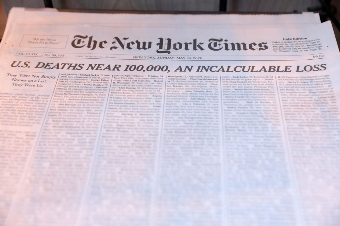 Portada  de &#039;The New York Times&#039; con el homenaje a mil víctimas del COVID-19.