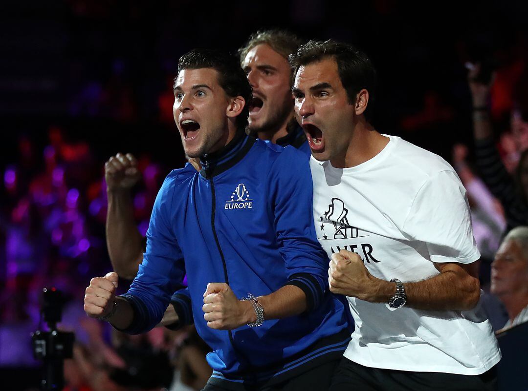 Thiem, Tsitsipas y Federer durante la Laver Cup.