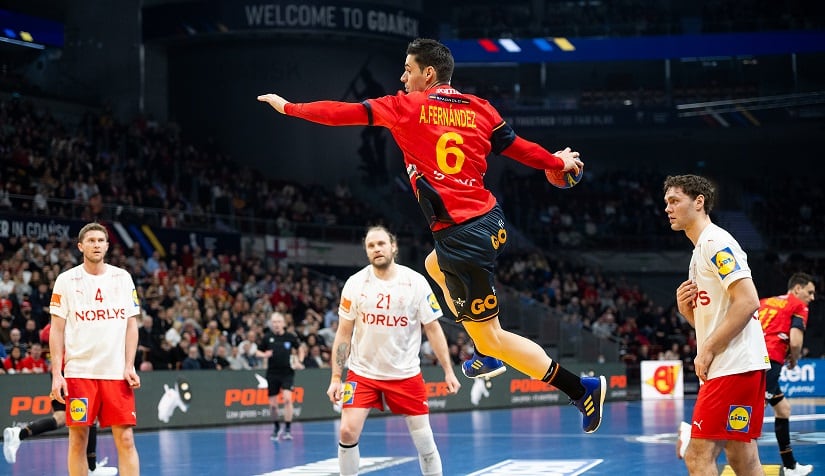 Gdansk, Poland - JANUARY 27: Angel Fernandez of Spain seen in action during the IHF Men´s World Championship 2023 - Semifinals match between Spain vs Denmark at Ergo Arena on January 27, 2023 in Gdansk, Poland. (Photo by Mateusz Slodkowski/DeFodi Images via Getty Images)