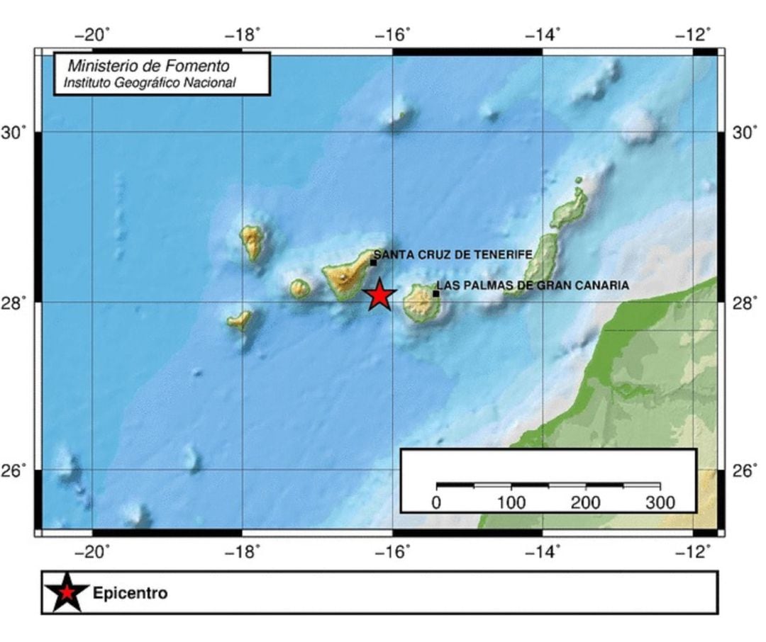 Lugar en el que se ha localizado el epicentro del sismo que se ha producido este viernes entre las islas de Tenerife y Gran Canaria