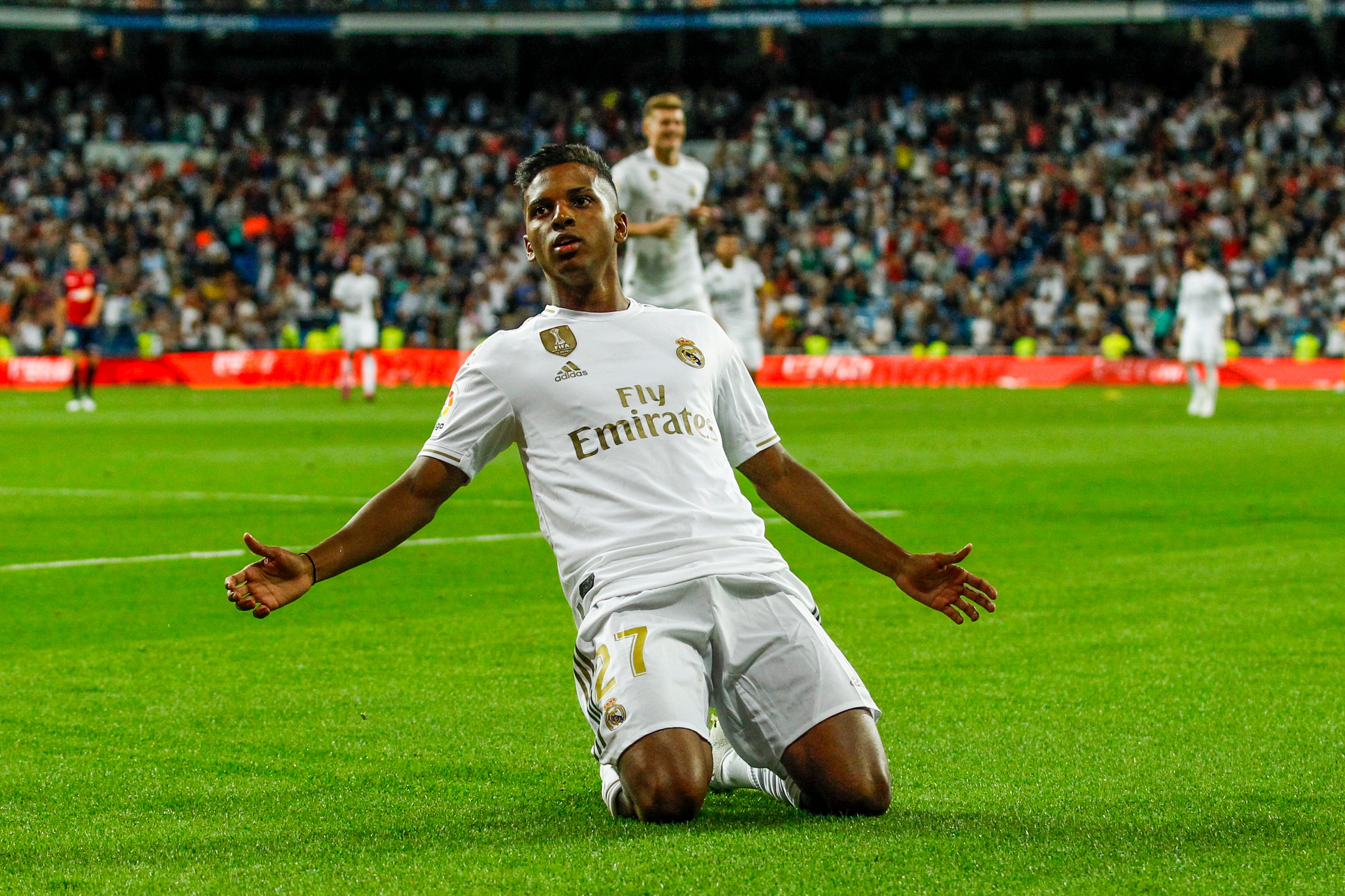 Rodrygo Goes, celebrando su primer tanto el día de su debut con el Real Madrid