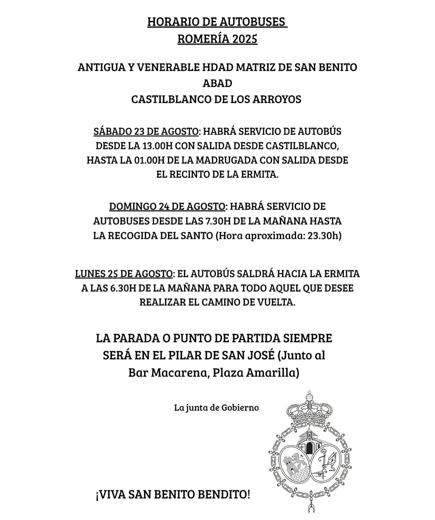 Horarios de los autobuses dispuestos por la Hermandad Matriz de San Benito para la Romería de este fin de semana