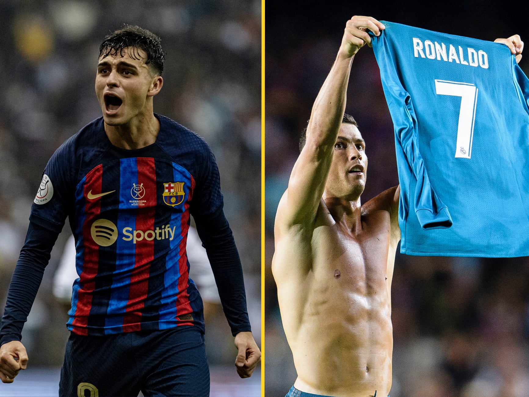 En un montaje, Pedri celebra la victoria en la final de 2023 y Cristiano Ronaldo celebra un gol en la edición de 2017