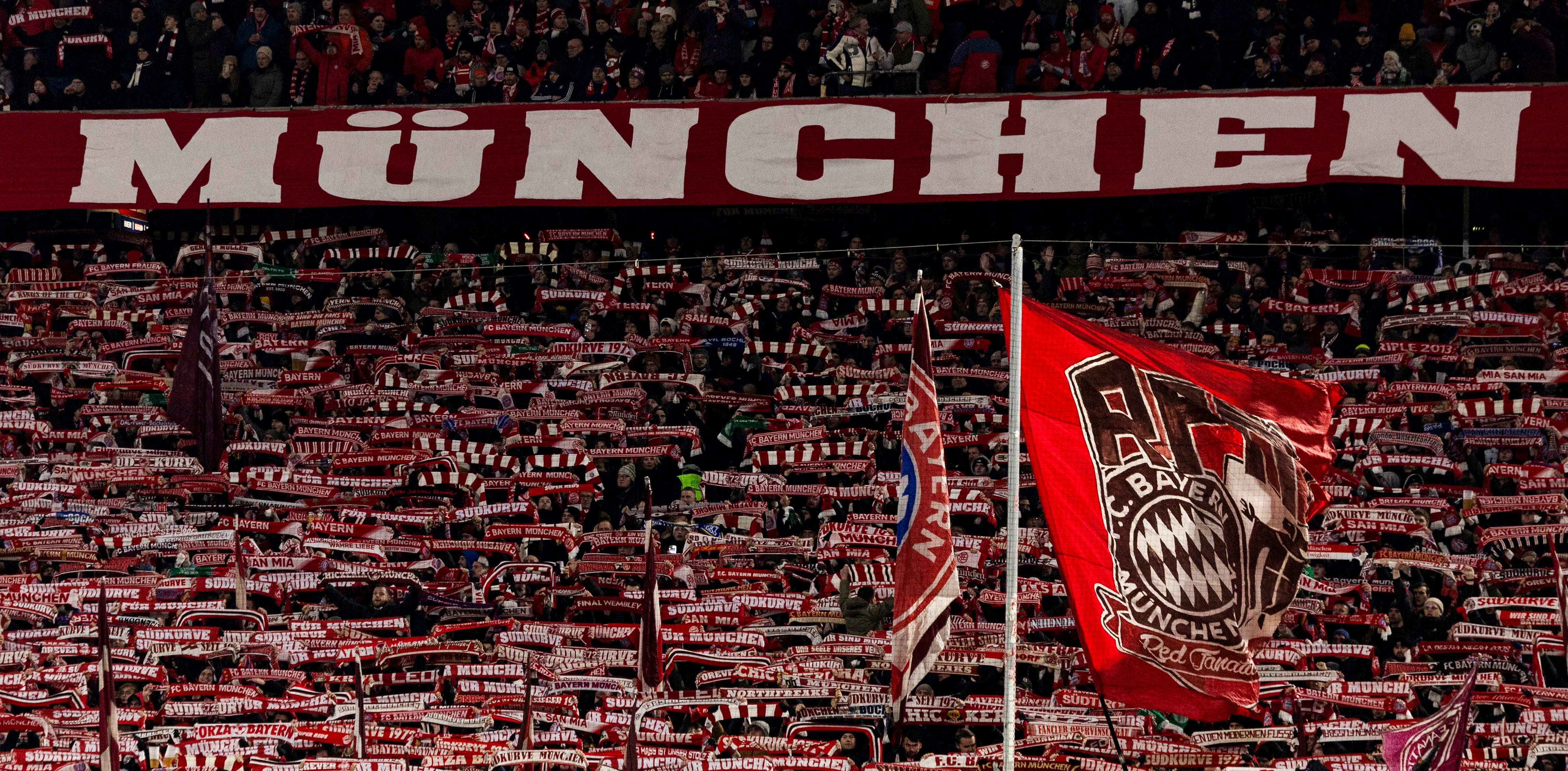 MUNICH, GERMANY - FEBRUARY 18: Bayern Munich fans during the UEFA Champions League 2024/25 League Knockout Play-off second leg match between FC Bayern Munich and Celtic at the Allianz Arena, on February 18, 2025, in Munich, Germany.  (Photo by Craig Foy/SNS Group via Getty Images)