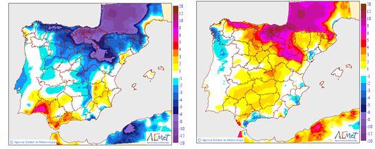 Variación de temperaturas máximas de martes (mapa de la izquierda) y miércoles (mapa de la derecha) en Península y Baleares