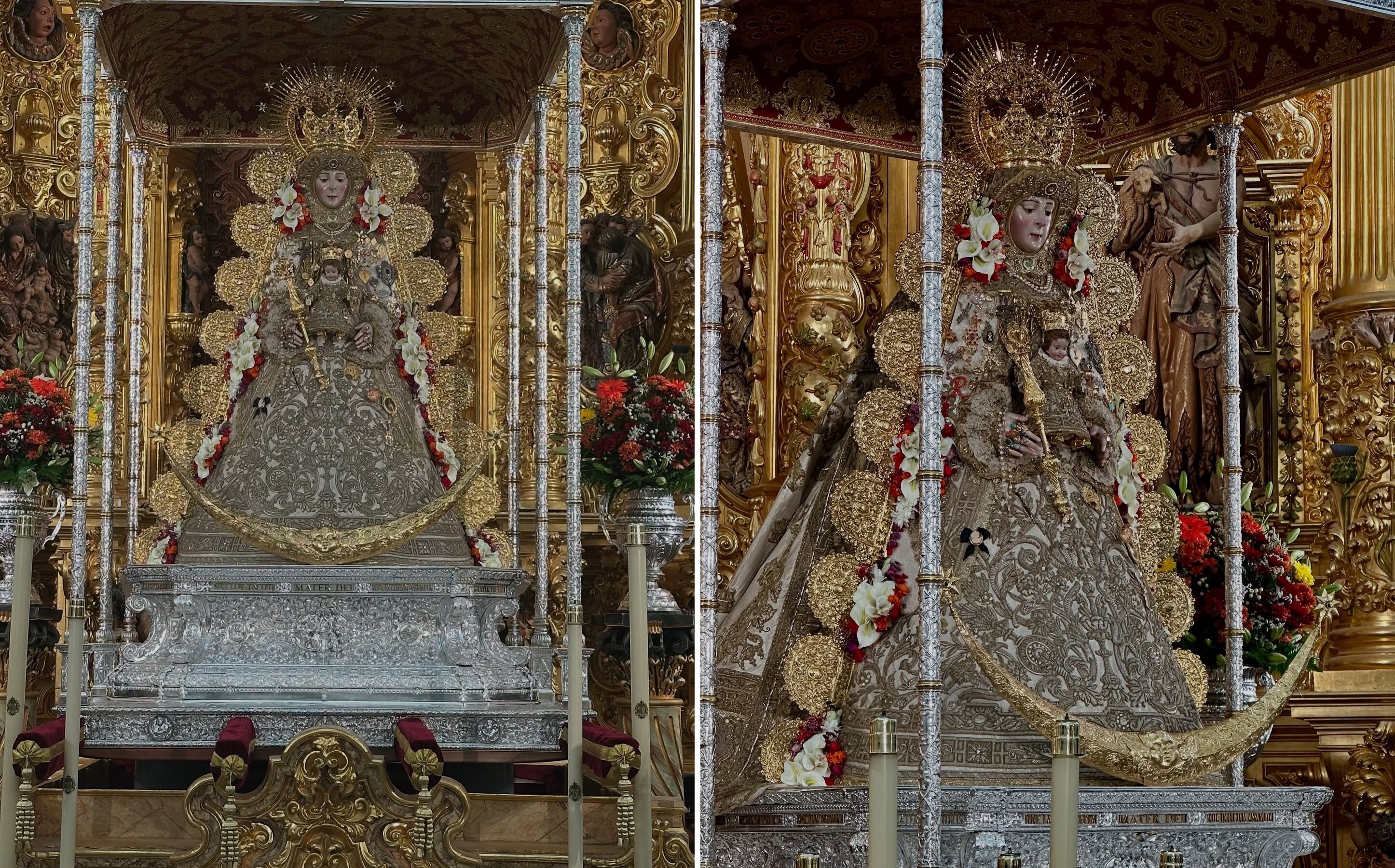 Dos instantáneas de la Virgen del Rocío en su paso procesional