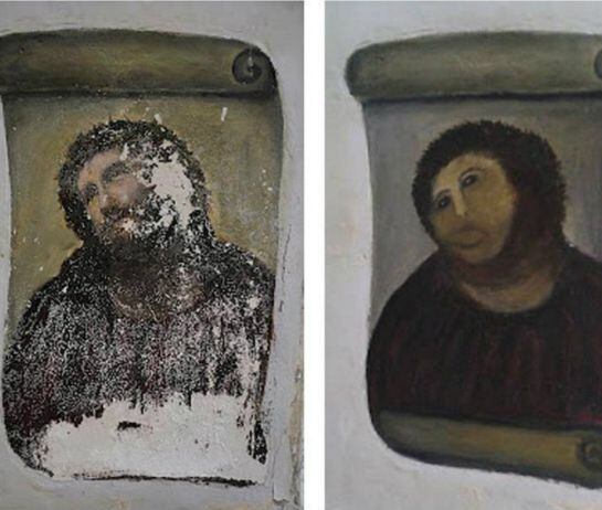 Imagen del Ecce Homo antiguo y del nuevo, pintado por Cecilia Jiménez
