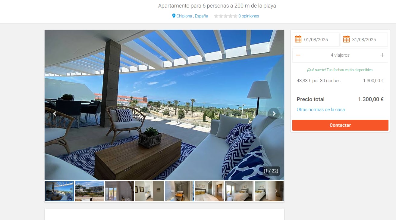 Apartamento para alquilar en Chipiona. Al contactar con la empresa, informan de que no está disponible.