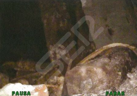 Imagen de la inspección con videoscopio de la Cala 25-Inmaculada en la que se observan restos cadavéricos y de maderas depositadas en el nivel 1 del trasdós de esta capilla.