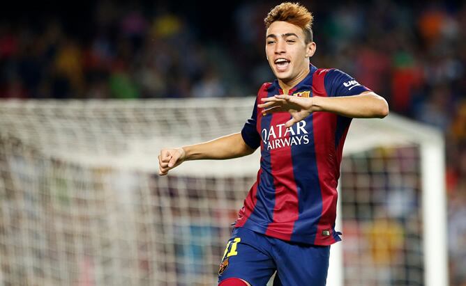 Munir celebra su gol con el Barça en su debut con la camiseta azulgrana