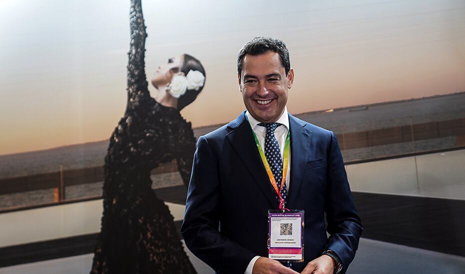 El presidente de la Junta, Juan Manuel Moreno, durante su participación en la World Travel Market de Londres.