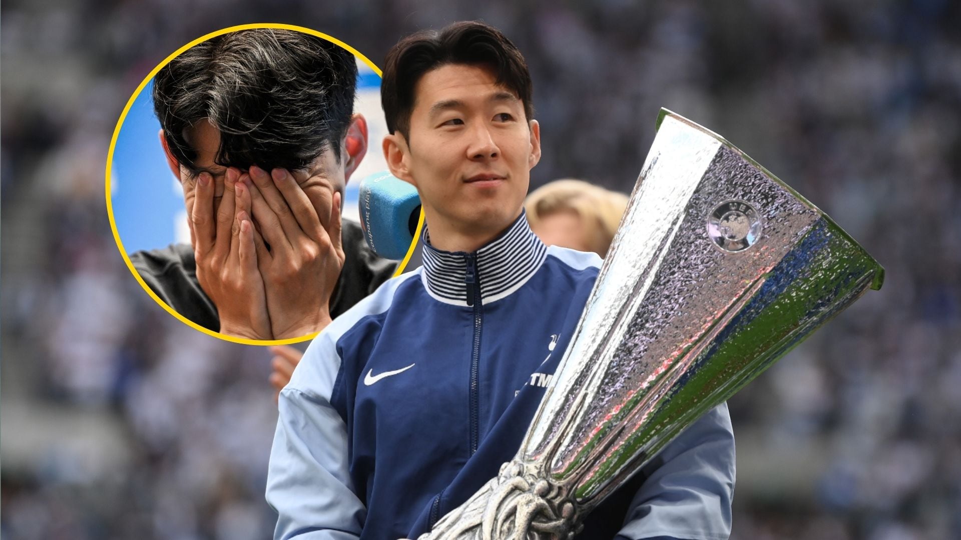 LONDRES, INGLATERRA - 25 DE MAYO: Son Heung-Min, del Tottenham Hotspur, sostiene la Europa League en una vuelta de honor tras el partido de la Premier League entre el Tottenham Hotspur FC y el Brighton & Hove Albion FC en el Tottenham Hotspur Stadium el 25 de mayo de 2025 en Londres, Inglaterra. (Foto de Mike Hewitt/Getty Images)