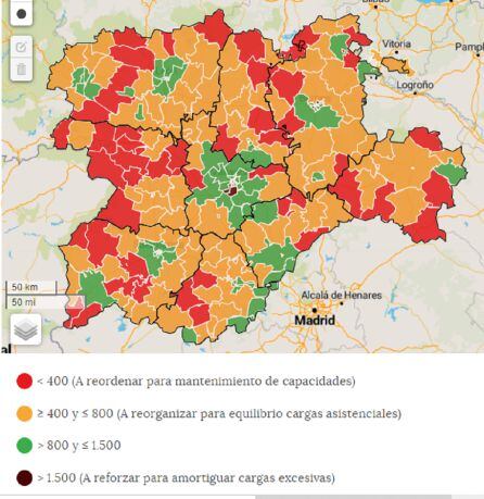 Mapa de tarjetas sanitarias por profesionales de Medicina de Familia por zonas básicas de salud