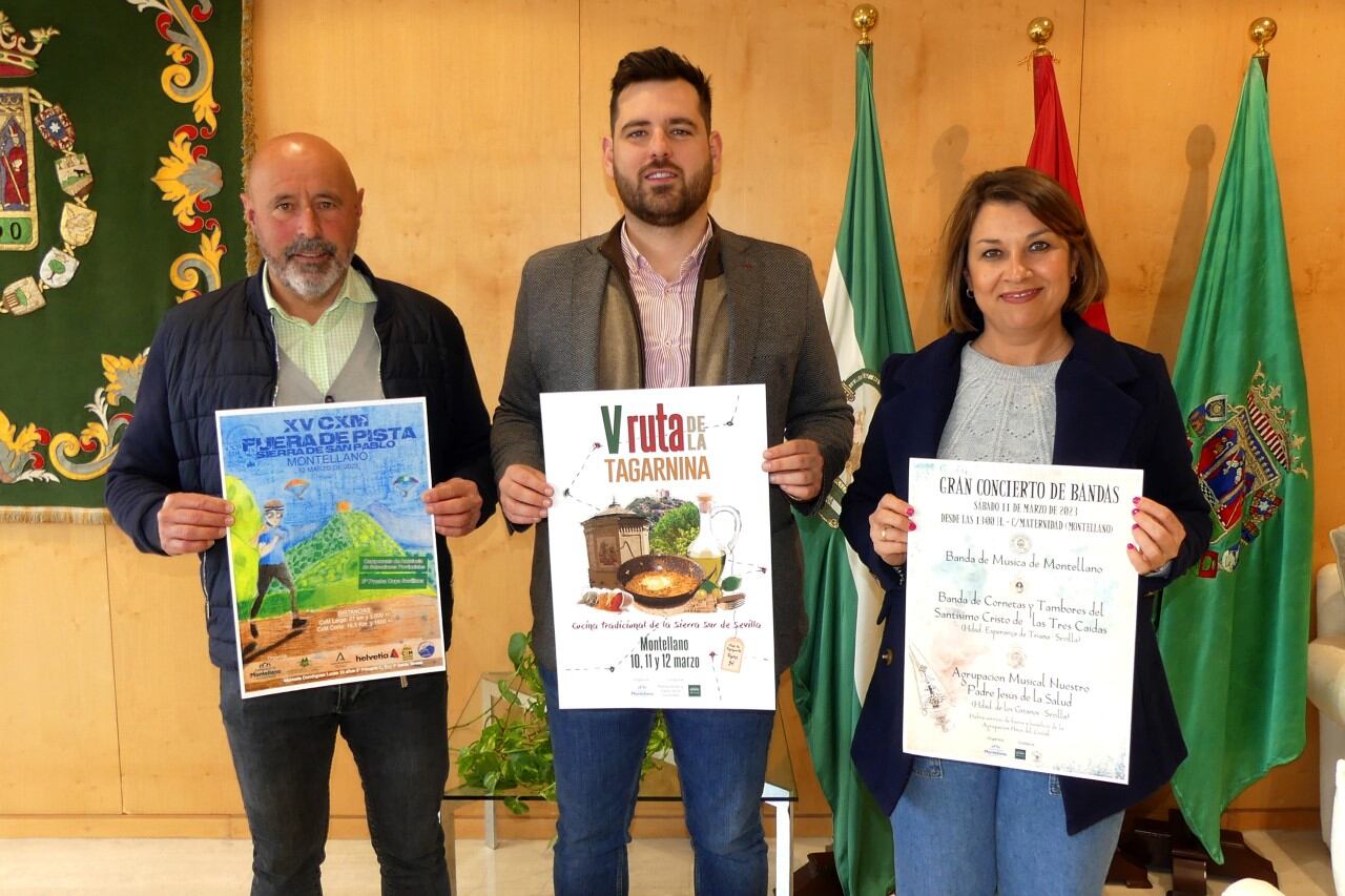 Curro Gil, alcalde de Montellano, Alejandro Moyano, diputado provincial de Cultura y Ciudadanía e Isa Hidalgo, concejala de Cultura y Turismo de Montellano