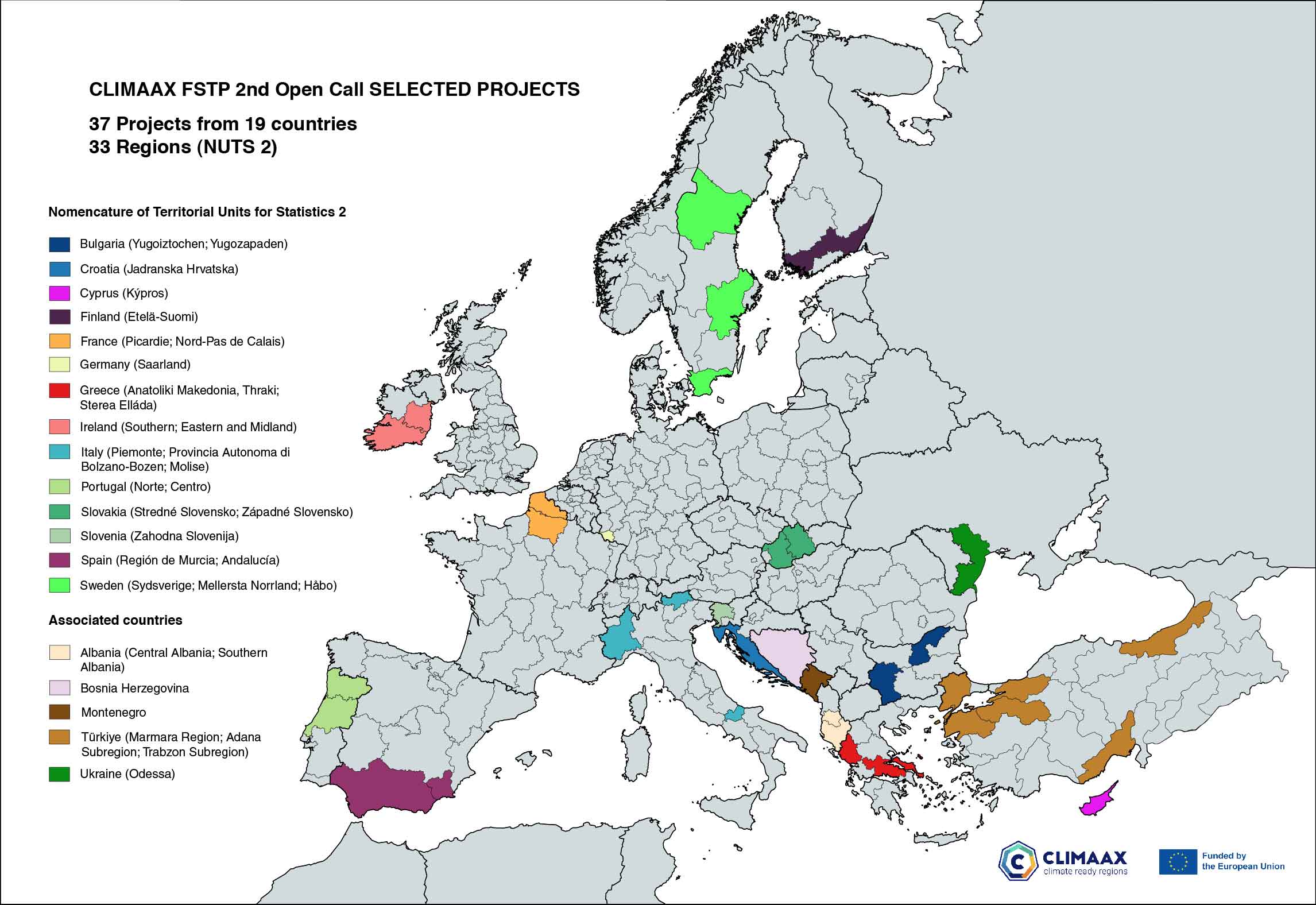 Mapa de las regiones y países seleccionados para financiar alguna de sus propuestas en la II convocatoria del proyecto CLIMAAX.