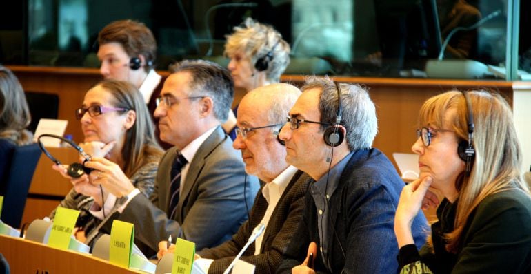 Los eurodiputados Ramón Tremosa, Josep Maria Terricabras, Jordi Sebastià y Teresa Giménez Barbat durante un debate en el Parlamento Europeo el 17 de marzo.