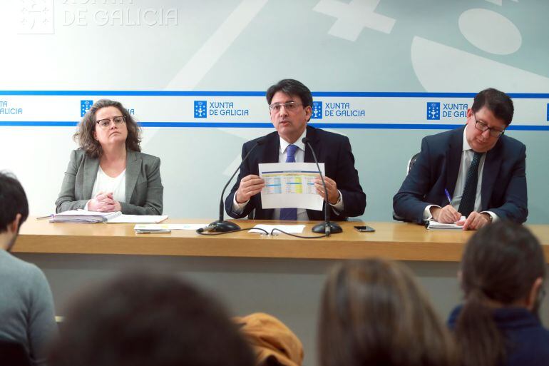 Beatriz Cuiña, secretaria xeral técnica de Vicepresidencia, Juan José Martín, director xeral de Xustiza y José María Barreiro, director xeral de Función Pública durante la comparecencia de prensa para informar de las propuestas de la Xunta