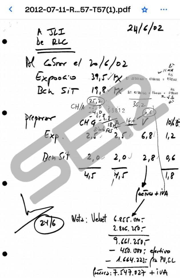 Hoja manuscrita intervenida en el despacho de Correa que contiene el detalle de las comisiones (en pesetas) pagadas a la empresa Velvet Comunicación, cuyo administrador único era Francisco García de Diego.