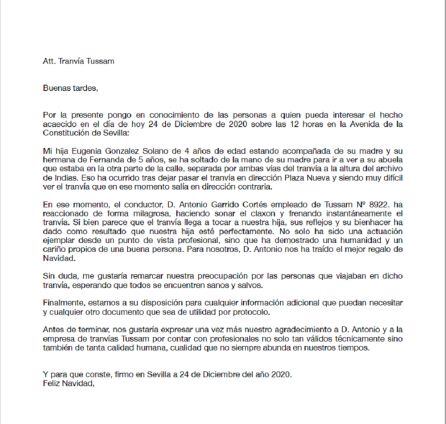 Carta de agradecimiento a Antonio Garrido, conductor del tranvía de Sevilla