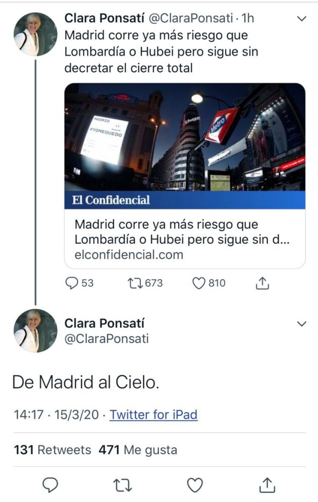 El tuit de Clara Ponsatí que después eliminó