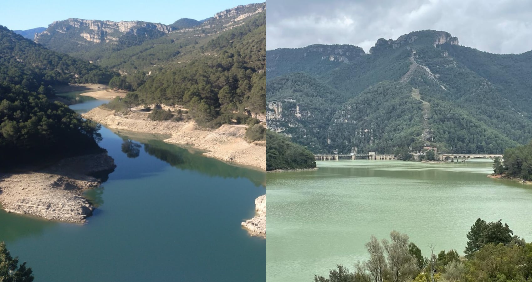 A la izquierda, el embalse de Ulldecona en diciembre de 2021. A la derecha el mismo embalse este jueves 24 de marzo