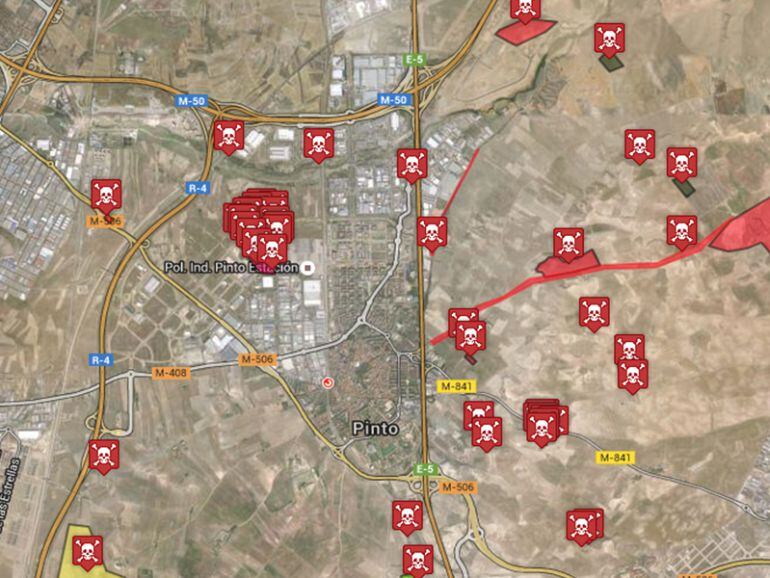 Mapa de la contaminación en Pinto elaborado por Ecologistas en Acción Aulaga