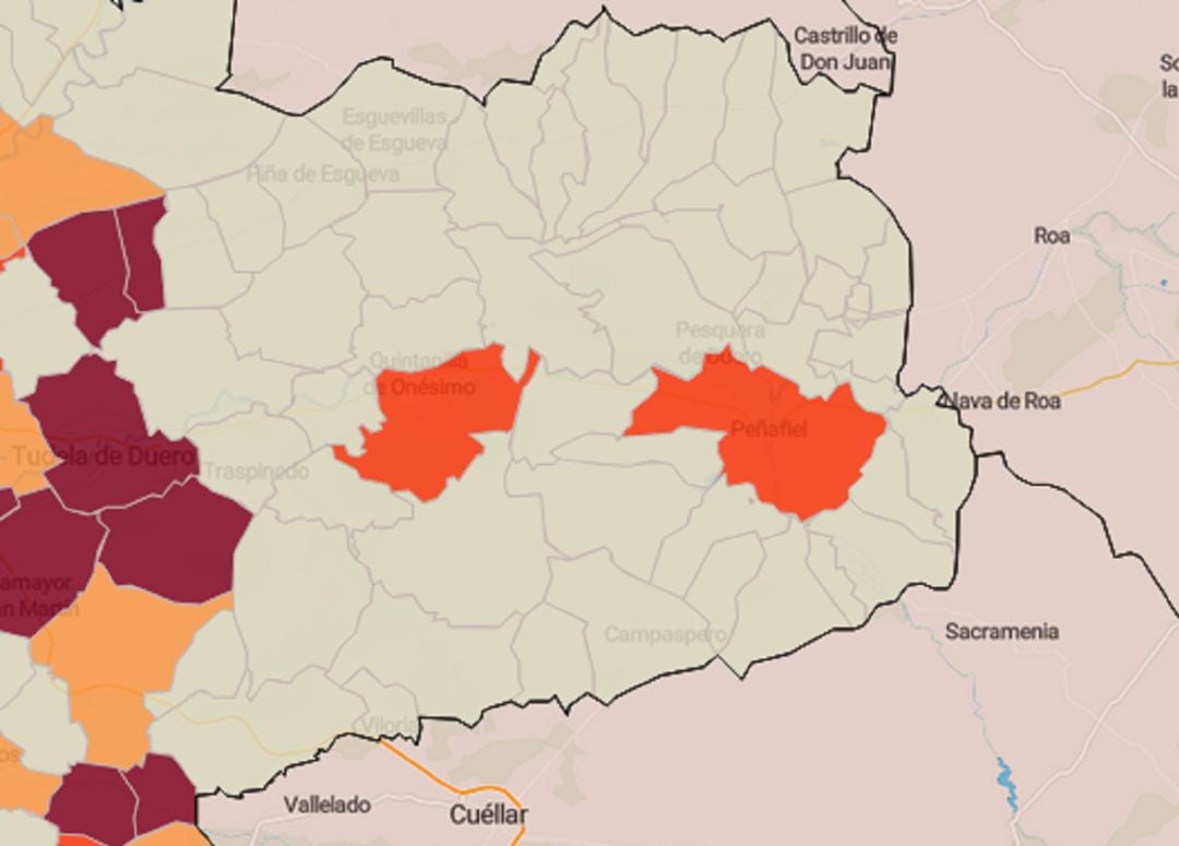 El mapa de la incidencia acumulada de casos diagnosticados en la comarca del Campo de Peñafiel refleja la presencia de riesgo alto en Quintanilla de Onésimo y Peñafiel.