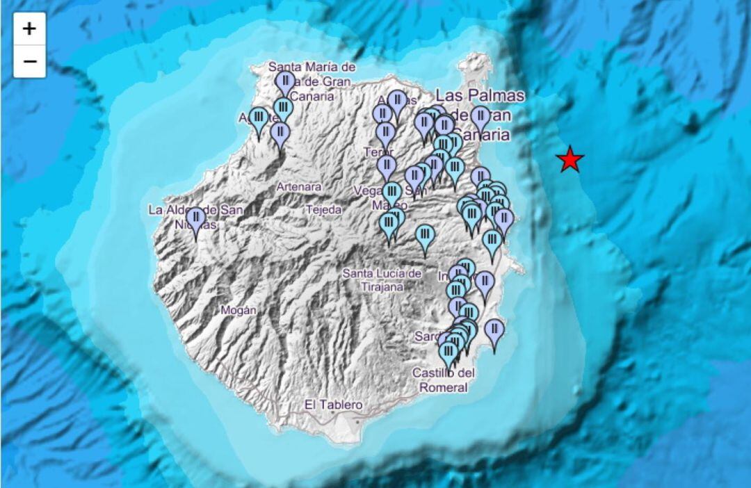 Mapa de intensidad del temblor registrado en Gran Canaria