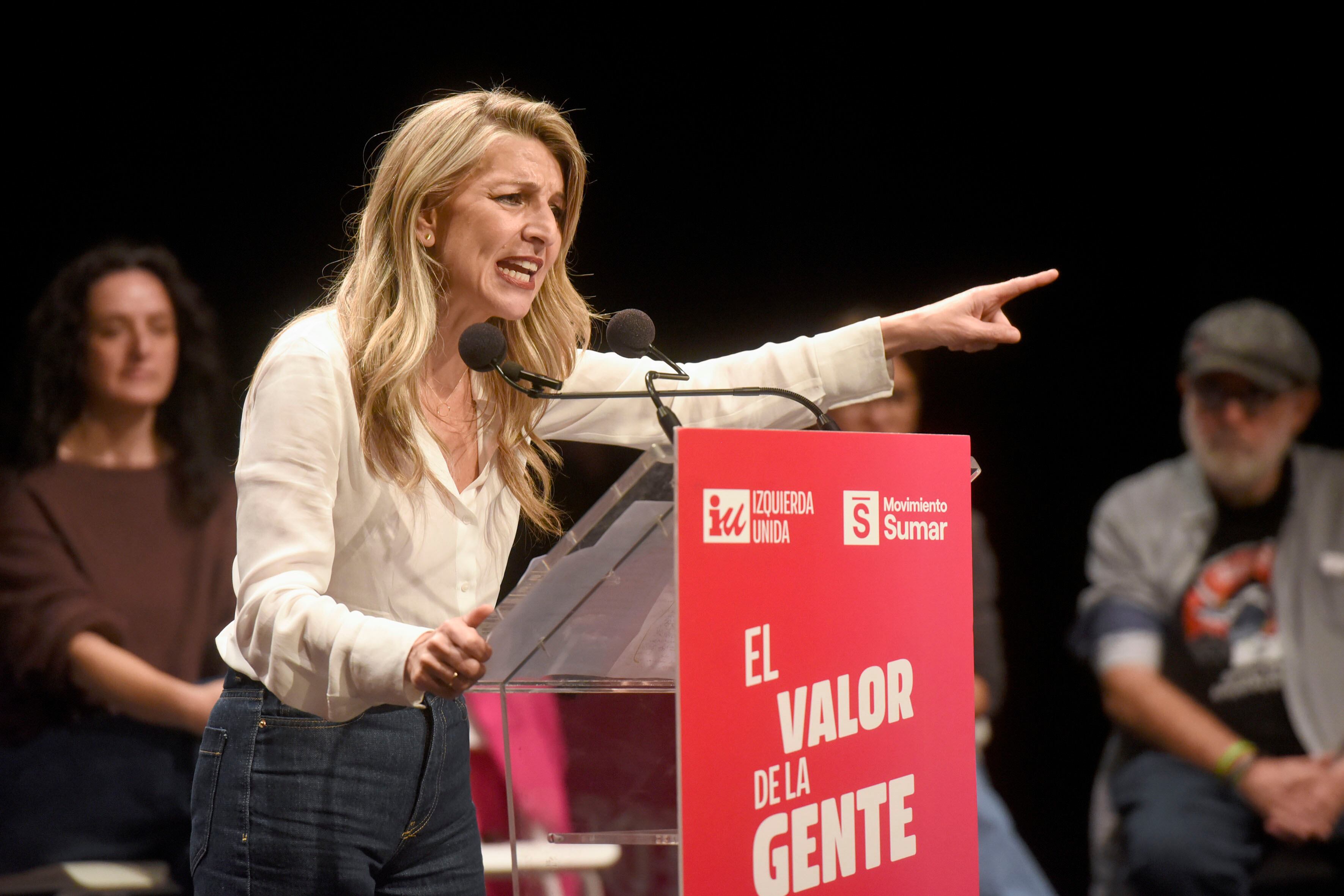La ministra de Trabajo y líder de Sumar, Yolanda Díaz, durante un acto electoral en apoyo a la candidata a la presidencia de Aragón por Izquierda Unida-Movimiento Sumar, Marta Abengochea, .