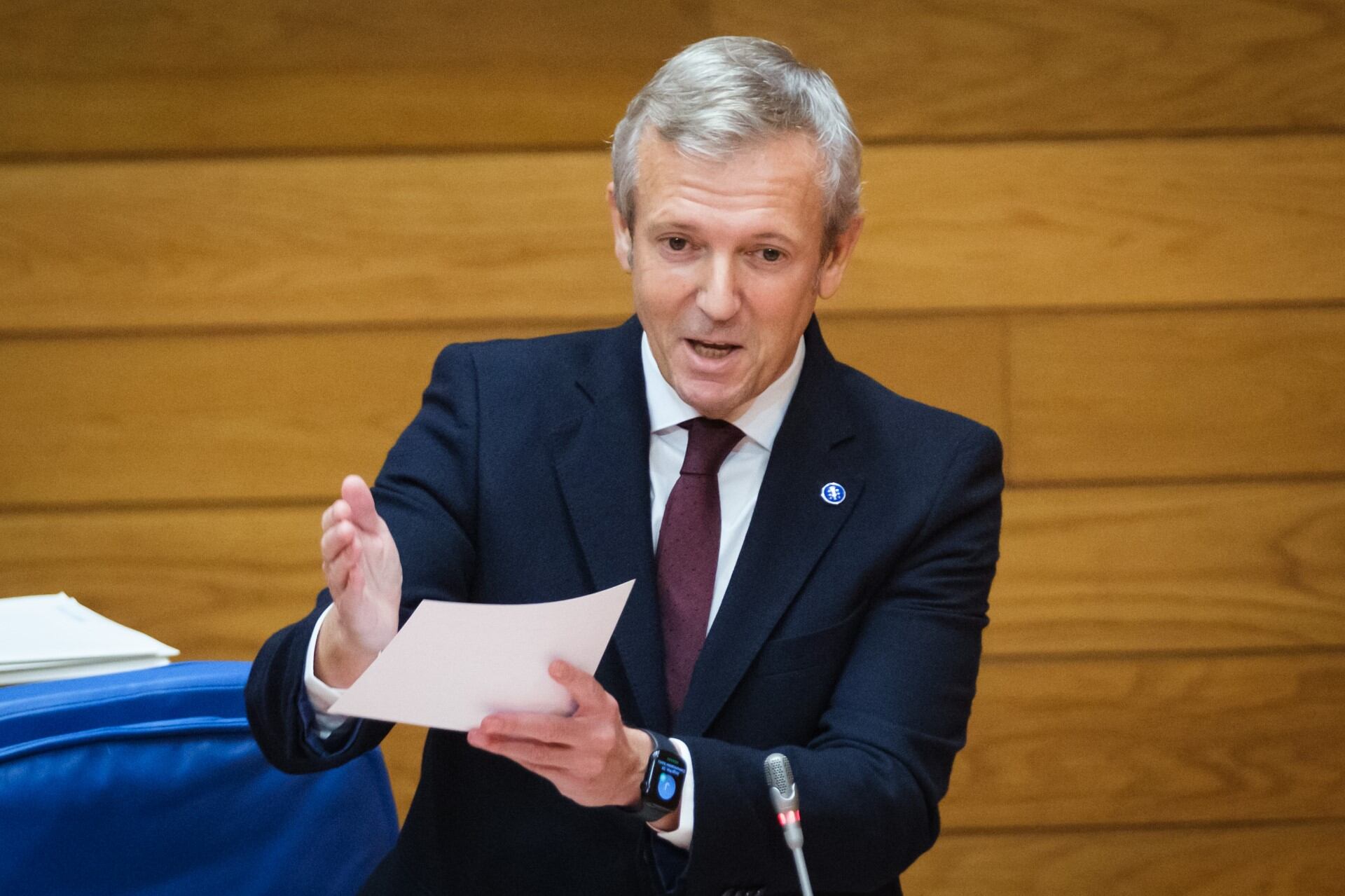 El presidente de la Xunta de Galicia, Alfonso Rueda, gesticula durante una de sus intervenciones en la sesión de control en el Parlamento de Galicia