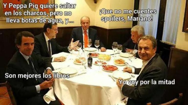 Imagen intervenida por un cibernauta en la que aparecen el Rey Juan Carlos (c), el Presidente del Gobierno, Mariano Rajoy (2i) y los expresidentes José María Aznar (i), Felipe González (2d) y José Luis Rodriguez Zapatero.