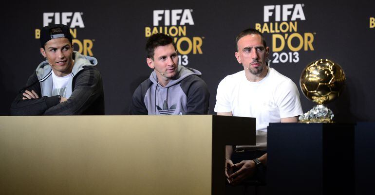 Cristiano, Messi y Ribéry, en la rueda de prensa previa a la entrega del Balón de Oro 2013.