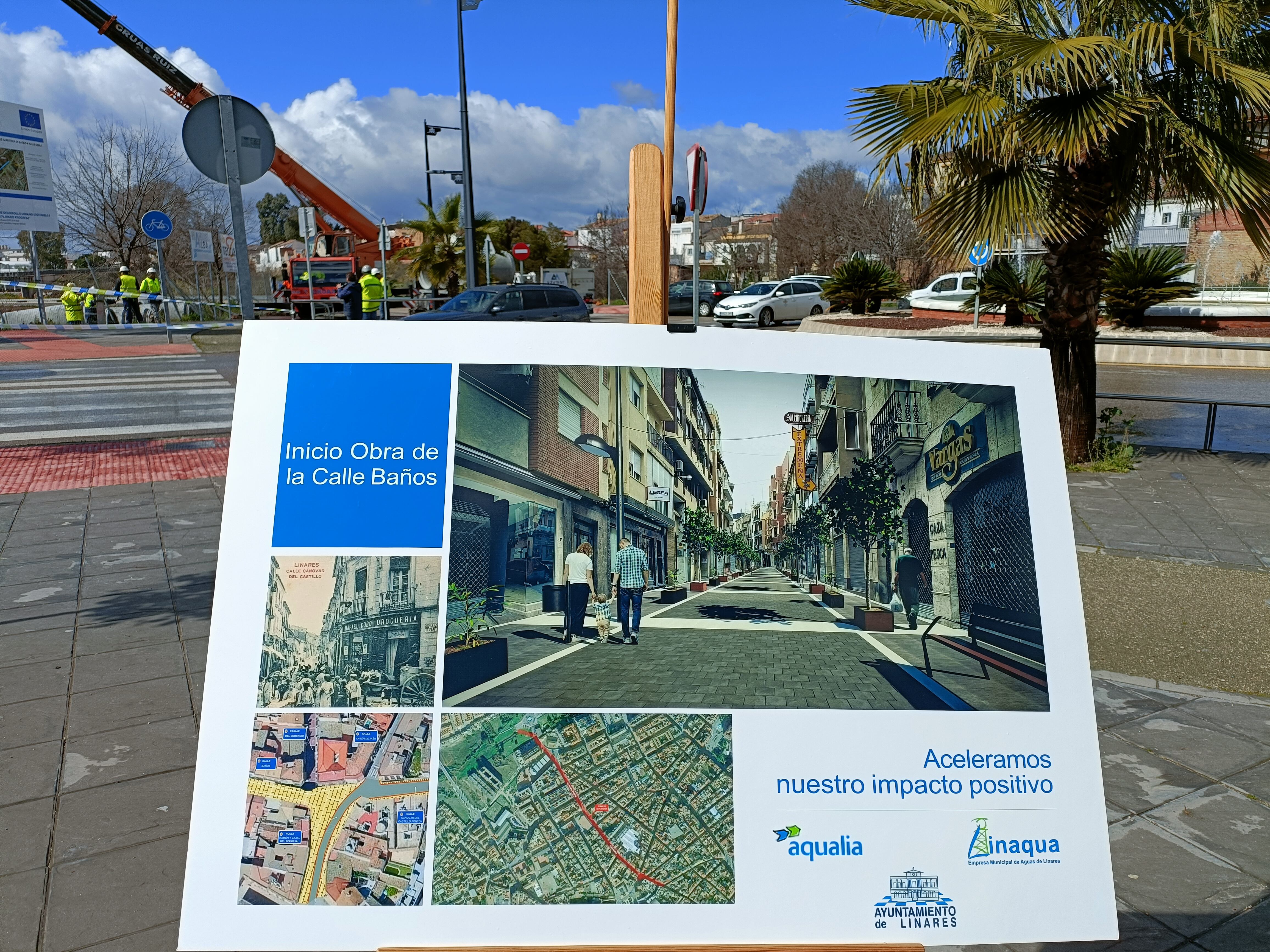 Cartel descriptivo de las obras hidraúlicas de calle Baños de Linares.